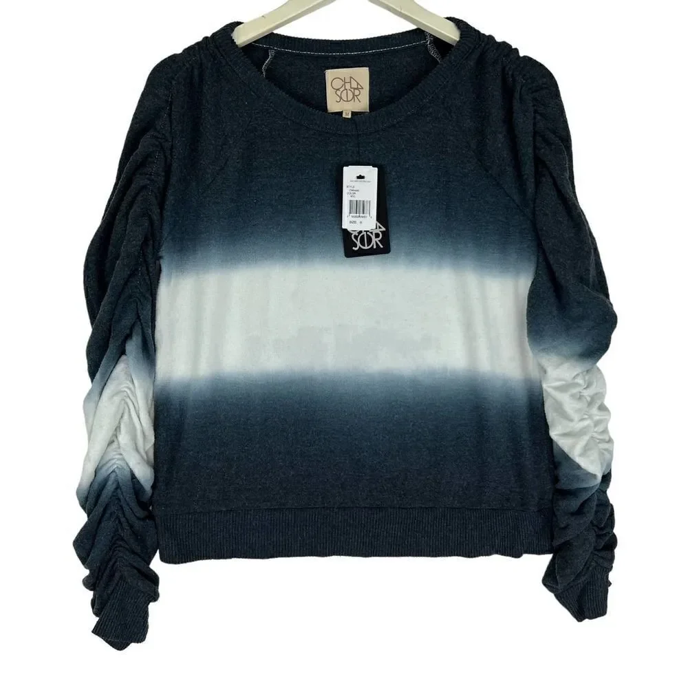 New Chaser Women US M Sweatshirt Ruched Sleeves Cozy Pullover White Gray Sweater - Picture 2 of 9